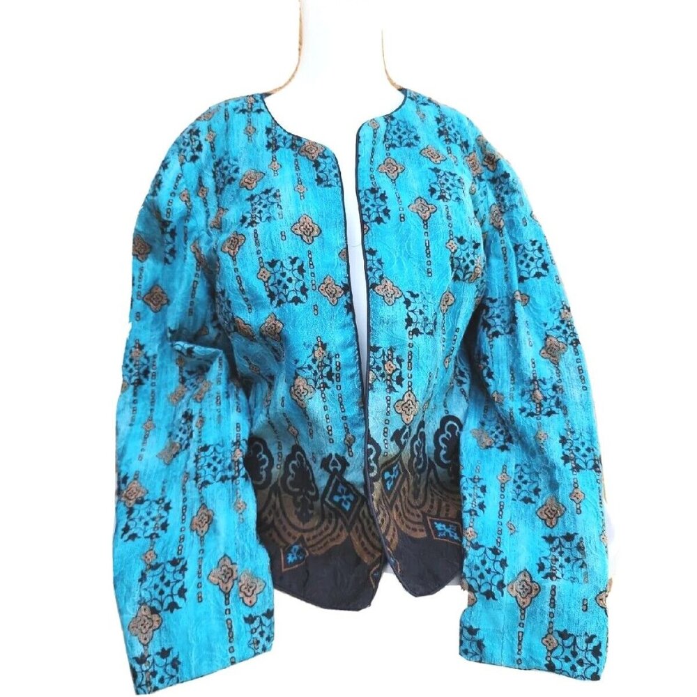 Coldwater Creek Turquoise Blue Brown Retro Print Cotton Jacket Women's Sz 14